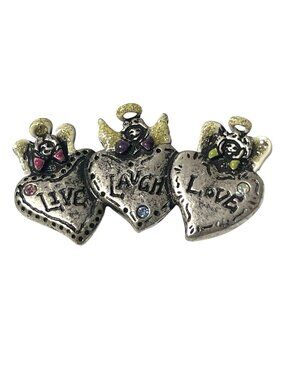 Three Angel Brooch Pin Live Laugh Love Enameled Glitter Wings & Halo Rhinestones